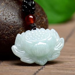 Natural Emerald Lotus Pendant Necklace Charm Jewellery Fashion Accessories Hand-carved Man Woman Lucky Amulet Sweater Chain