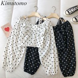 Kimutomo Polka Dot Blouse Women Spring Korean Square Collar Long Sleeve Lace Up Short Waist Slimming Top Casual 210521