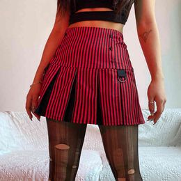 Black Red Striped Kawaii High-Waisted Y2k Pleated Skirt Women Gothic Star Summer Short Fashion Mini Skirts Streetwear Bottom 210415
