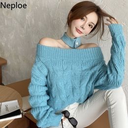 Neploe Sexy Slash Neck Knitted Pullovers Solid Off Shoulder Sweaters for Women Temperament Jumper Korean Chic Sueter Mujer 4F945 210422