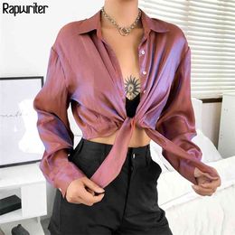 Casual Turn-Down Neck Single Buttons Bright Glitter Blouses Women Bow Streetwear Lace-Up Long Sleeve Short Tops 210510