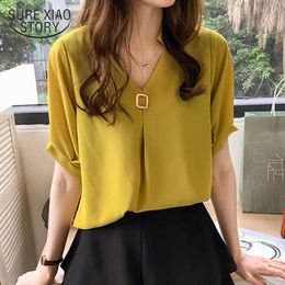 Summer Solid Colour V-neck Short Sleeve Elegant Chiffon Blouse Women Korean Loose Slim Plus Size 4XL Ladies' Tops 9313 210527