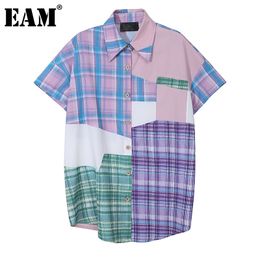 [EAM] Women Plaid Pocket Big Size Blouse Lapel Short Sleeve Loose Fit Shirt Fashion Spring Summer 1DD6101 210512