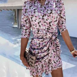 Summer flower print drawstring fashion short dress Beach ruffles maxi es for women summer mini vestidos 210508