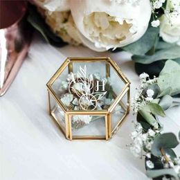 Custom Hexagonal Glass Ring Box Geometrical Clear Jewellery Storage Box Eternal Flower ring holder DIY Delicate Wedding Decoration 210925