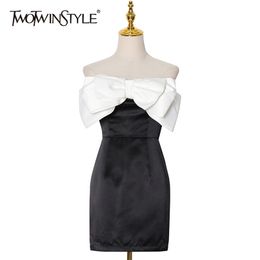 Patchwork Bowknot Elegant Dress For Women Slash Neck Sleeveless High Waist Hit Colour Dresses Female Summer Clothing 210520