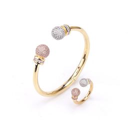 Bangle Korean Style Simple Plating Personality Two-color Round Spherical Tube Bracelet Inlaid Zircon Fashion Women Ring Set