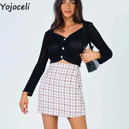 Yojoceli Elegant tweed plaid short skirts Autumn winter casual pencil High waist bodycon 210609