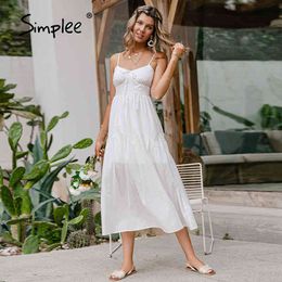 Cotton White Summer Women dress Casual ruffled A-line Spaghetti Strap dresses Elegant lace-up Sleeveless Vestidos 210414