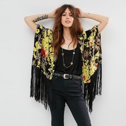 Boho Floral Printed Fringed Chiffon Bikini Cover-ups Plus Size Beach Wear Kimono Dress Women Summer Swimsuit Cover Up A799 210420