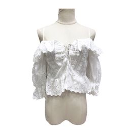 Cold Shoulder White Slash Neck Sweet Three Quarter Ruffles Blouse Shirt Women Female Lace Up Puff Sleeve B0386 210514