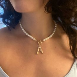 Vintage Choker Alphabet A-Z Initial Pearl Chain Necklace for Women Stainless Steel Buckle Gold Pendant Jewellery