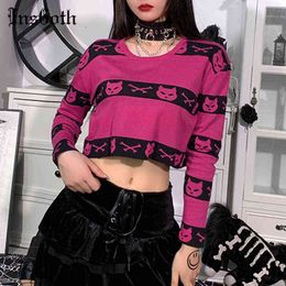 InsGoth Fairy Grunge Knitted Sweater Goth Aesthetic Cat Graphic Long Sleeve Sweater Harajuku O Neck Women Autumn Tops 2021 Y1110