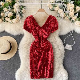 SINGREINY Women Sequin Party Dress Summer Sexy V Neck Short Sleeve Pencil Dresses Korean Solid Slim Short Dress 210419