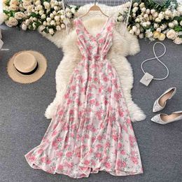 Women Fashion Seaside Holiday Summer V Collar High Waist Thin Chiffon Beach Floral Print A-line Dress Elegant Vestidos S119 210527