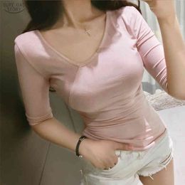 Korean Style Pullover Lady Tops Clothes Summer Blouse Casual Short Sleeve Pink Black Women Shirts Slim Fit V Neck 9272 50 210415