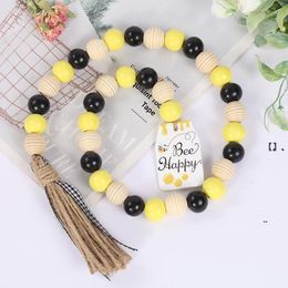 NEWTassel Wood Bead Decor Pendant Creative Bees Two-tone Wooden Beads English Hang Tag Fringe Handmade Natural Hemp Rope EWB7791