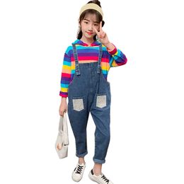 Girls Clothes Rainbow Hoodies + Denim Jumpsuit Teenage Clothing Sequin Sets Casual Style Kid 6 8 10 12 14 210528