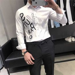 Letter Printed Men Long Sleeve Casual Shirts Spring Business Formal Dress Shirts Slim Fit Streetwear Social Party Blouse 210527