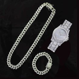 Designer luxury brand watches Iced Out Paved Rhinestones 13MM Full Miami Cuban Chain CZ Rapper Necklace++Bracelet For Men Women Jewelry