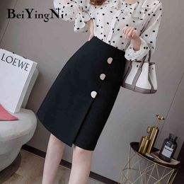 Beiyingni Vintage Office Ladies Skirts Buttons A Line Knee-Length Elegant Skirt Women High Waist Jupe Femme Split Bottoms 210416