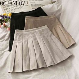 OCEANLOVE Pleated Skirts Women Solid Autumn Winter Vintage High Waist Mini Korean Faldas Mujer Clothes 19199 210629