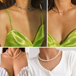 Chokers Boho Simulated Pearl Flower Choker Necklace For Women Bohemian Colourful Handmde Bead Collar Random Colour Jewellery