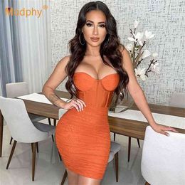 Bandage Dress Summer Fashion Folds Bodycon Spaghetti Strap Mini Women Sexy Club Celebrity Evening Party Vestidos 210527