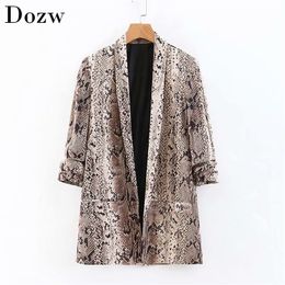 Women Chic Snake Print Blazer Suit Fashion Three Quarter Sleeve Jacket Female Vintage Animal Print Pockets Blazer Veste Femme 210414