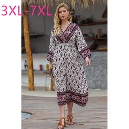 Casual Dresses 2021 Spring Autumn Plus Size Midi Dress For Women Large Loose Short Sleeve Floral Print V Neck 4XL 5XL 6XL 7XL