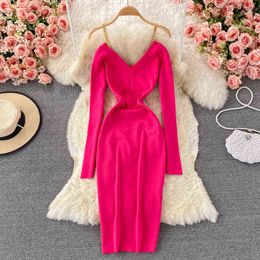 SINGREINY Women Sexy Off Shoulder Strap Dress Long Sleeve V Neck Slim Pencil Dresses Autumn Winter Warm Bodycon Sweater Dress Y220214