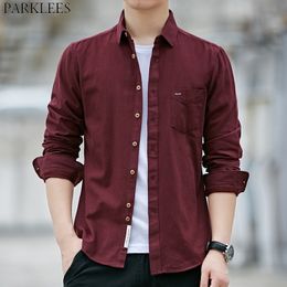 Wine Red 100% Cotton Mens Dress Shirts Spring Slim Fit Long Sleeve Chemise Homme Business Casual Pocket Shirt for Men 210522