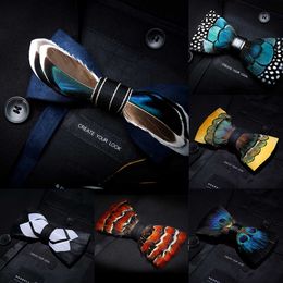 Kamberft Designer Brand Hmade Feather Leather Pre-tied Bow Tie Brooch Sets for Men Wedding Party Best Gift Cravate