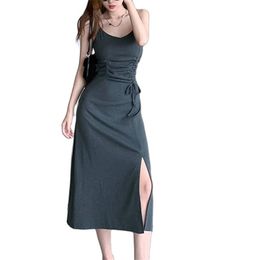 Split sling dress female waist is thin, irregular drawstring design long skirt summer fashion women's clothing 210520
