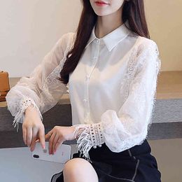Women Chiffon Lace Office Shirt Turn down Collar Lantern Sleeve Patchwork Blouses Tops Casual Crochet White Shirts 551H 210420