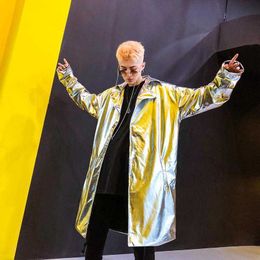 Performance Long Trench Coat Men Shiny Night Club Stage Dance Men Cloak Cape Coat Long Sleeve Capote Masculino Gold Silver XXL 211011
