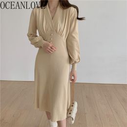 Winter Dress Solid V Neck Elegant Knitted Korean Style Vestidos High Waist Sweater Dresses Women Robes 19569 210415