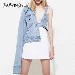 Casual Denim Jacket For Women Lapel Long Sleeve Streetwear Asymmetrical Jackets Female Fashion Clothing Spring 210524