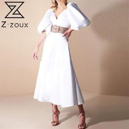 Women Dress Lantern Sleeve V-neck Hollow Out Sexy Dresses Plus Size White Vintage Clothes 210513
