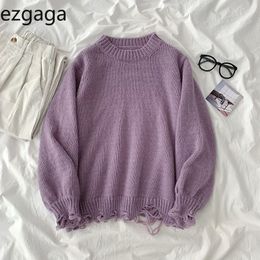 Ezgaga Hole Sweater Jumper Women Autumn Winter Korean O-Neck Solid Broken Oversize Ladies Knitted Tops Fashion Pullover 210430