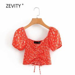 women sweet floral print pleated short smock blouse female v neck puff sleeve casual slim shirts chic drawstring tops LS6874 210603