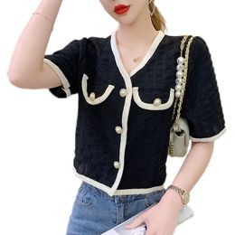 Summer Korean Style Slim Shirt Womens V-neck Fashion Thin Short Sleeved Button Cardigan T-shirt Design Temperament Tops Female 210515