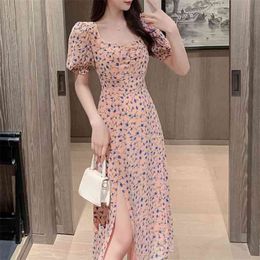 Korean Summer Elegant Women Square Collar Puff Sleeve Floral Chiffon Dress Vestidos Retro High Waist Slim Sexy Split 210519