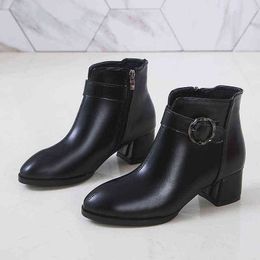 New Solid Black Leather Boots Zipper Metal Buckle Ankle Boots for Women Shoes Woman Square High Heels Plus Size Chelsea Boots Y1105