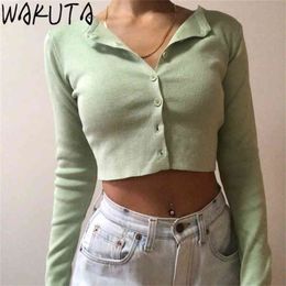 WAKUTA Women Thin Knitted Cardigan Korean O-neck Short Knitwear Fashion Sleeve Sun Protection Crop Top Ropa Mujer 6B082 210914