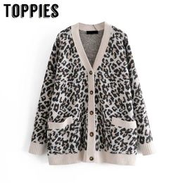 Toppies Women Leopard Print Cardigan Knitted Spring Coats Fashion Sweater Coat 210412