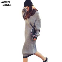 Women Fashion Solid Gray Sweater Dresses Pull Femme Robe Loose Sweaters Casual Pullovers Female Mid-Calf Winter Knit Dress 210416