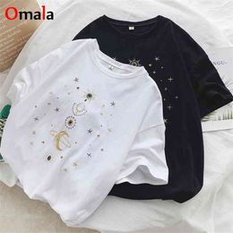 women's t-shirts Fashion star embroidery korean casual T Shirt Women loose Short Sleeve T-Shirt O-neck white Black Top Female 210401