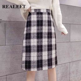 Autumn Winter Vintage Plaid Women Woollen Midi Skirts Chic High Waist Wrap with Belt Female A-Line Skirt 210428