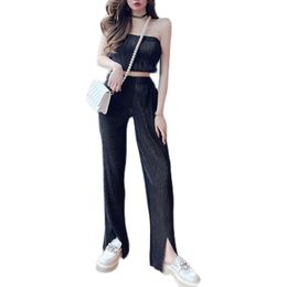 Women Elegant Casual Solid Colour Pleated Strapless Short Shirt Camisole Elastic Waist Split Wide Leg Pants T3045 210514